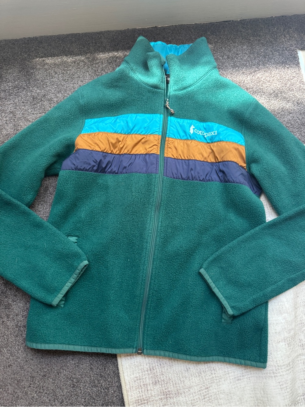 Cotopaxi Men’s Colorblock Full Zip Jacket Stand-Up Collar Green Blue Brown S